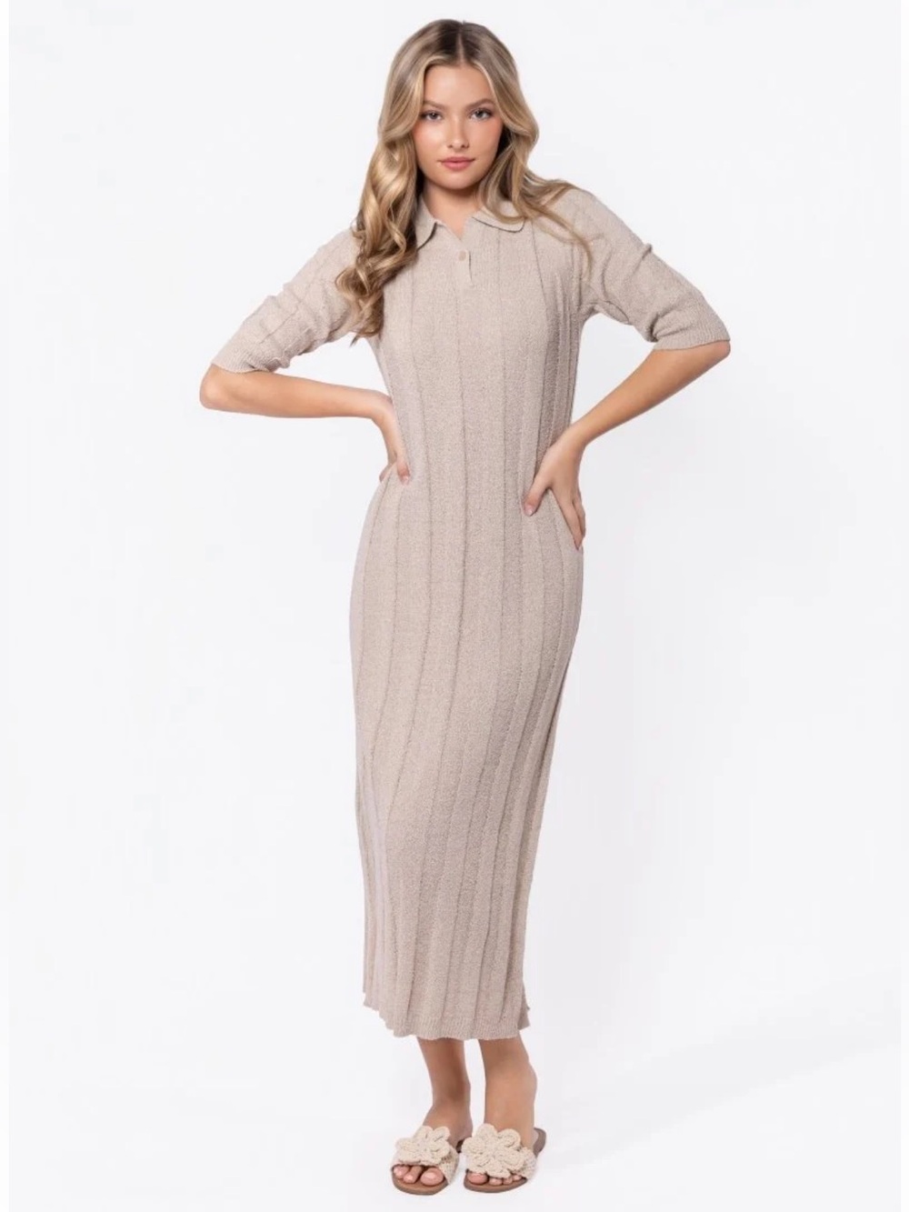 Ribbed Polo Knit Maxi Dress in Beige